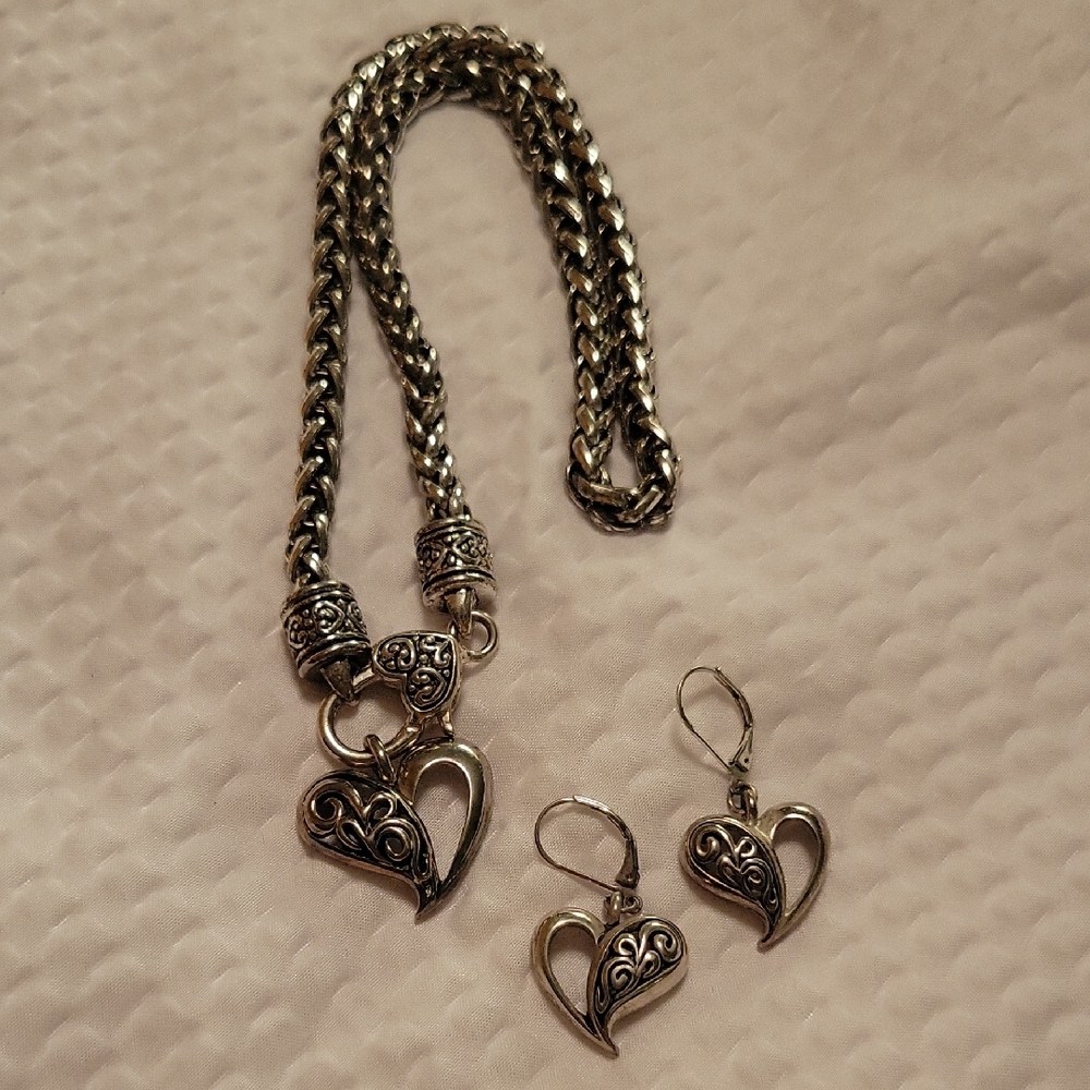 Silver Open Heart Chain Necklace Jewelry Set Brighton Inspired